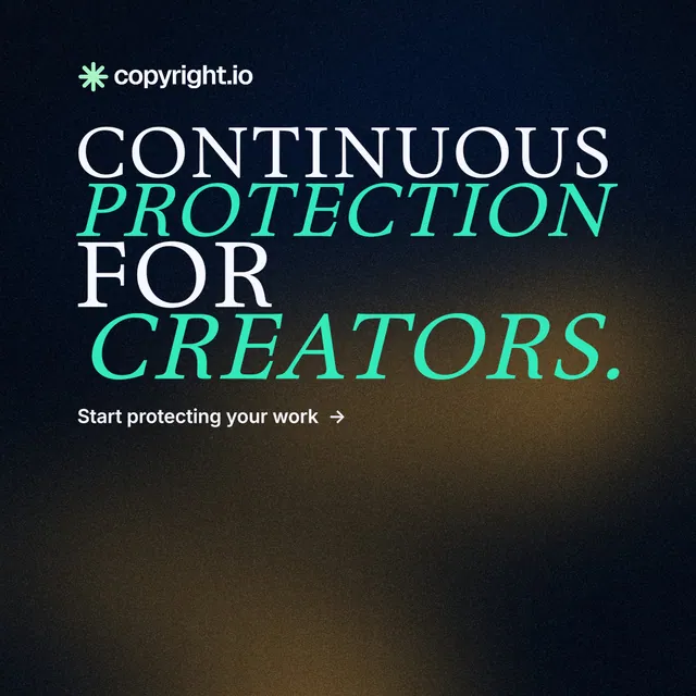 Instagram post for copyright.io: "Continuous protection for creators." Minimal luxury style, stacked layout, dark palette in black, yellow, teal.