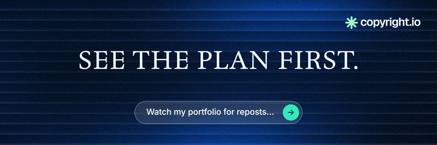 X header for copyright.io: "See the plan first." Agentic glass style, centred layout, dark palette in black, blue.