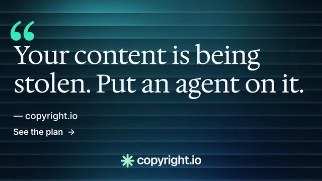 Landscape graphic for copyright.io: "Continuous protection for creators." Minimal luxury style, quote layout, dark palette in blue, black, teal.
