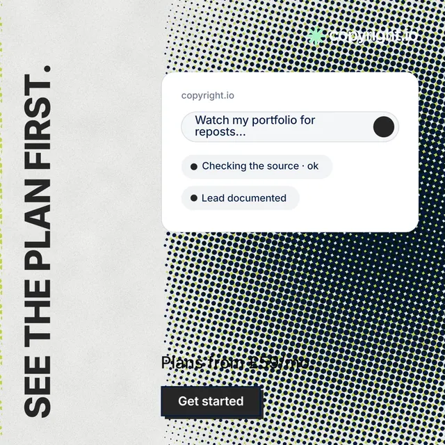 Instagram post for copyright.io: "See the plan first." Brutalist style, vertical layout, light palette in white, grey.