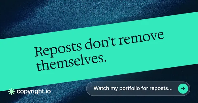 Social ad for copyright.io: "Reposts don't remove themselves." Agentic glass style, diagonal layout, light palette in teal, blue.