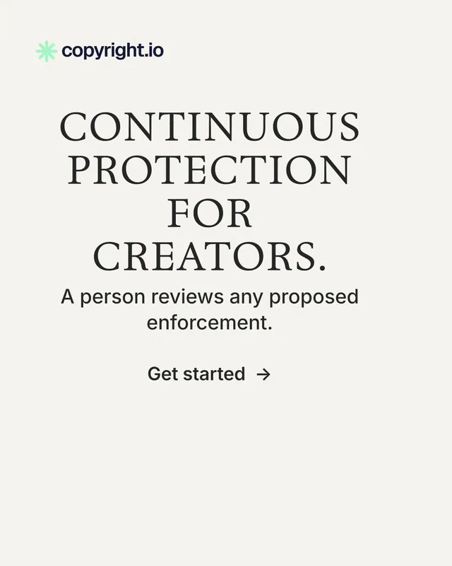Instagram portrait post for copyright.io: "Continuous protection for creators." Minimal luxury style, skeleton layout, light palette in white, grey.