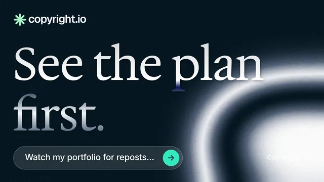 Landscape graphic for copyright.io: "See the plan first." Agentic glass style, poster layout, dark palette in black, blue, grey.