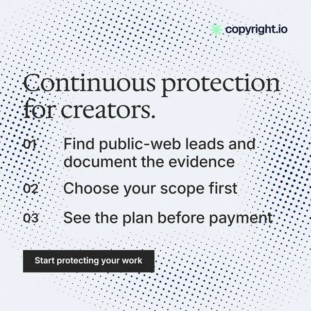 Instagram post for copyright.io: "Continuous protection for creators." Split block style, numbered layout, light palette in blue, white, grey.