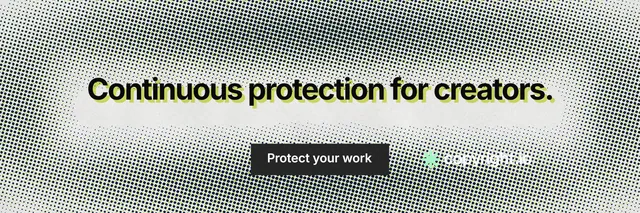 X header for copyright.io: "Continuous protection for creators." Swiss style, centred layout, light palette in grey, white.