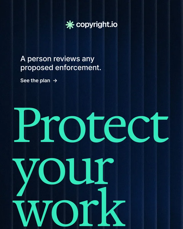 Instagram portrait post for copyright.io: "Reposts don't remove themselves." Minimal luxury style, oversized layout, dark palette in black, teal, blue.