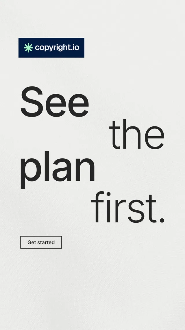 Instagram story for copyright.io: "See the plan first." Editorial style, stacked layout, light palette in white, grey.