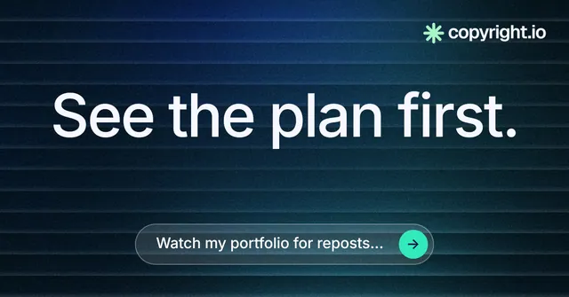 Social ad for copyright.io: "See the plan first." Agentic glass style, centred layout, dark palette in black, blue, grey.