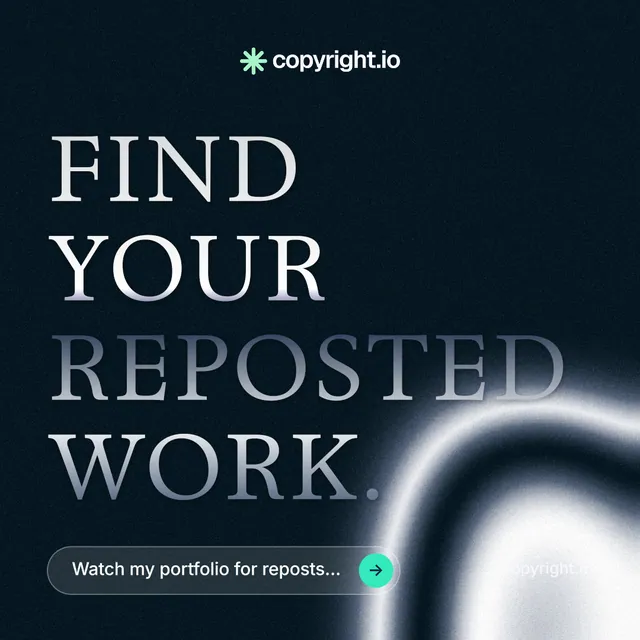 Instagram post for copyright.io: "Find your reposted work." Agentic glass style, poster layout, dark palette in black, blue, grey.