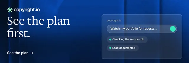 X header for copyright.io: "See the plan first." Minimal luxury style, bottom layout, dark palette in blue.