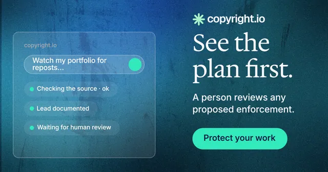 Social ad for copyright.io: "See the plan first." Agentic glass style, skeleton layout, dark palette in blue, teal.