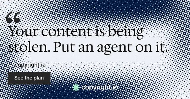 Social ad for copyright.io: "Put an agent on it." Swiss style, quote layout, light palette in grey, blue, white.