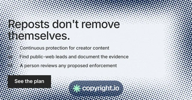 Social ad for copyright.io: "Reposts don't remove themselves." Retro print style, numbered layout, light palette in grey, white, blue.