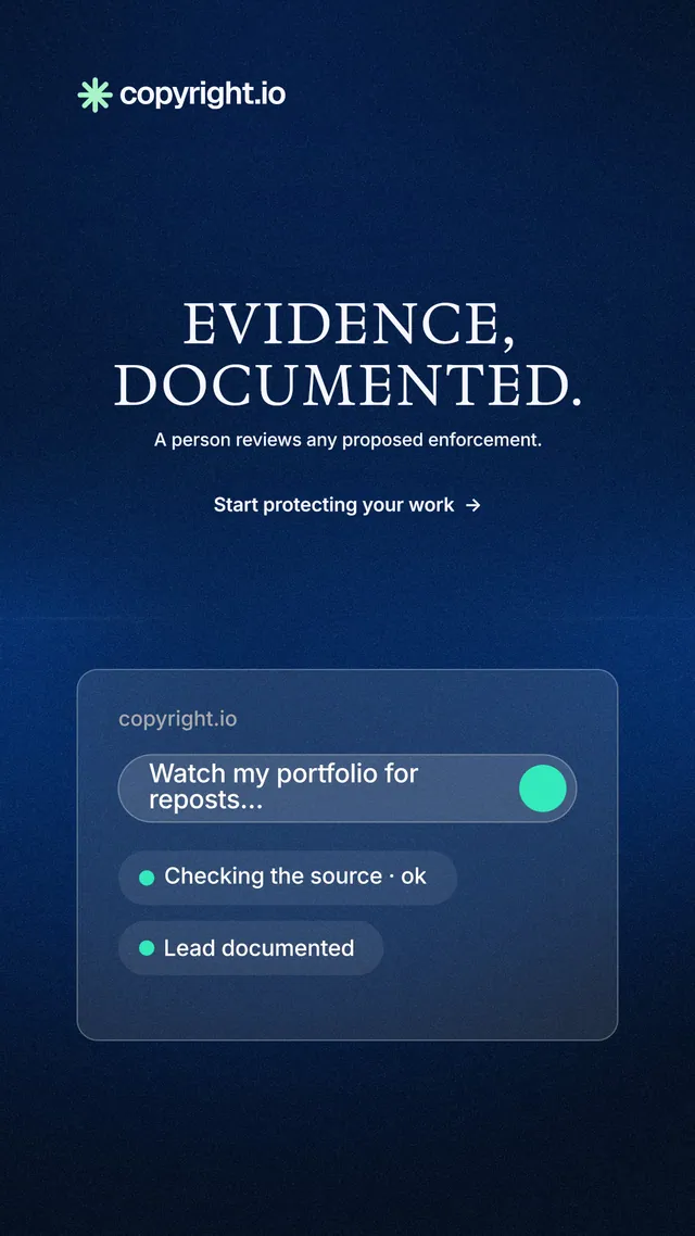 Instagram story for copyright.io: "Evidence, documented." Minimal luxury style, centred layout, dark palette in blue, black.