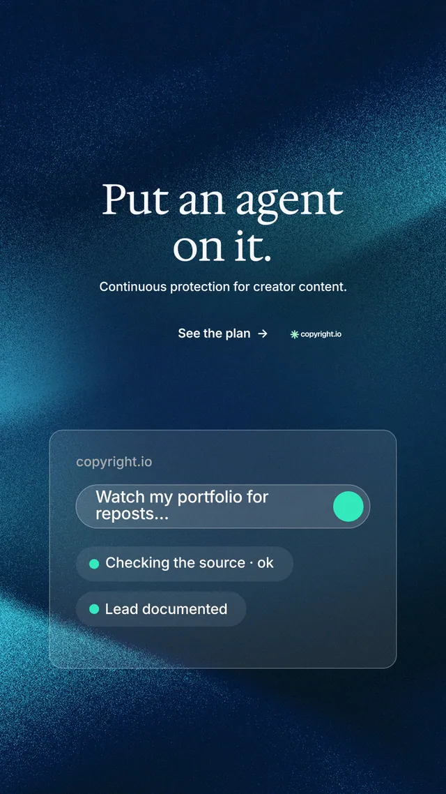 Instagram story for copyright.io: "Put an agent on it." Minimal luxury style, centred layout, dark palette in blue, black.