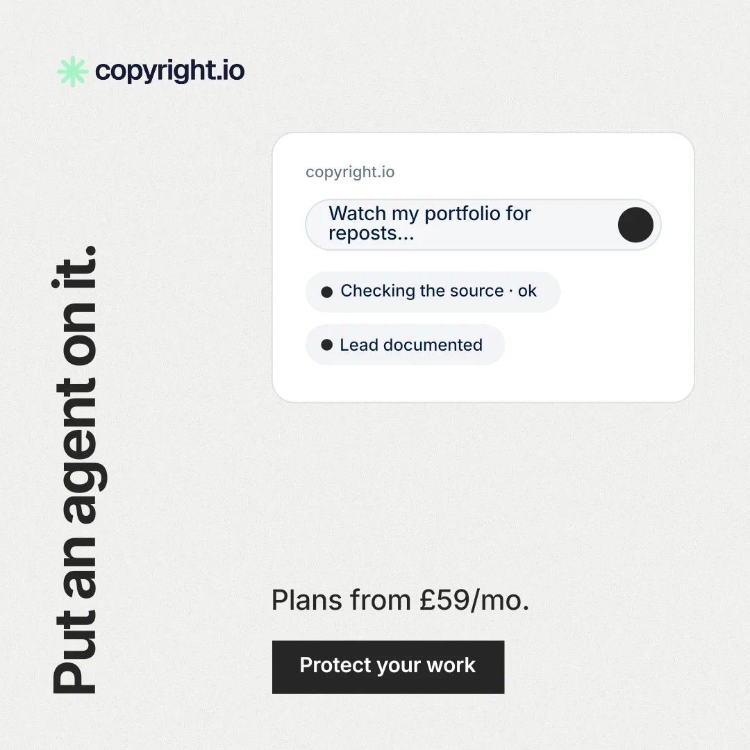 Instagram post for copyright.io: "Put an agent on it." Swiss style, vertical layout, light palette in white.