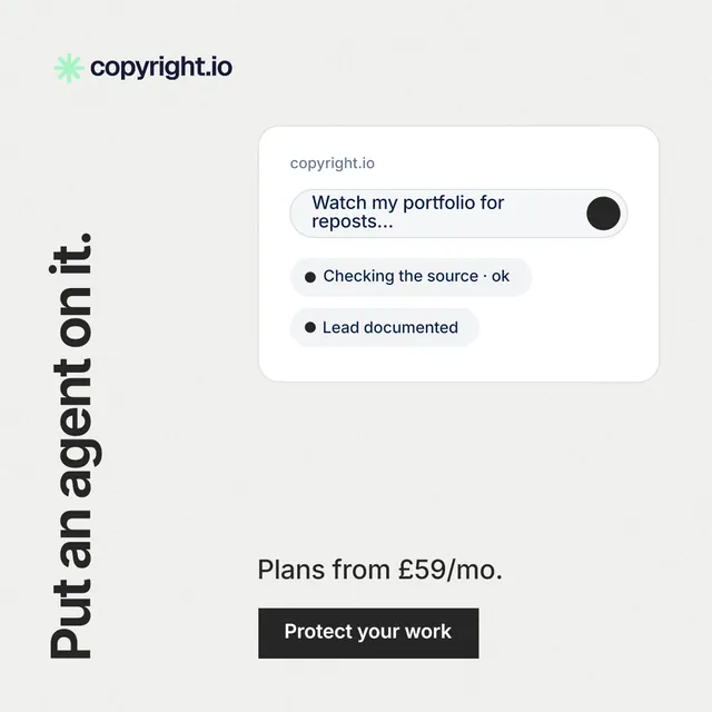 Instagram post for copyright.io: "Put an agent on it." Swiss style, vertical layout, light palette in white.