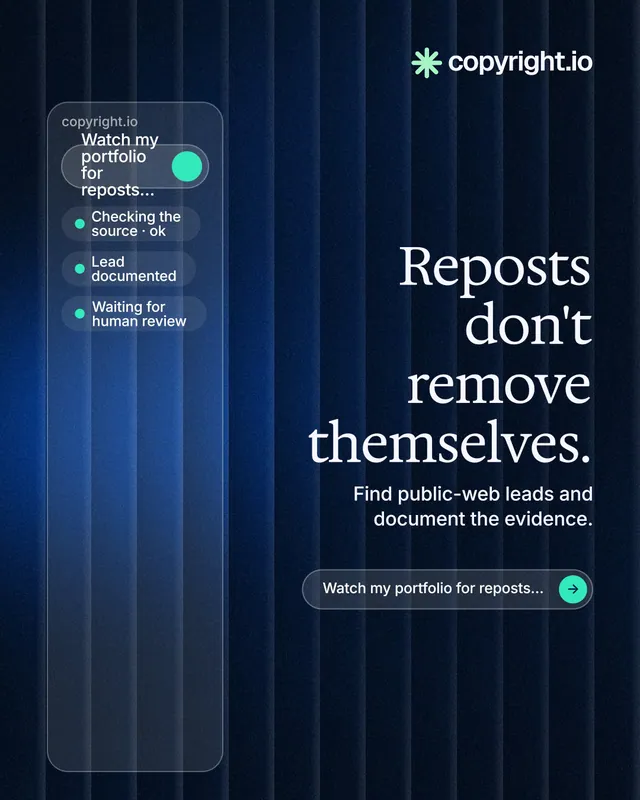 Instagram portrait post for copyright.io: "Reposts don't remove themselves." Agentic glass style, right layout, dark palette in black, blue.