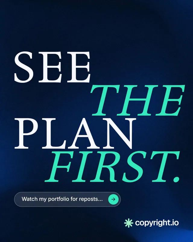 Instagram portrait post for copyright.io: "See the plan first." Agentic glass style, stacked layout, dark palette in blue, black.