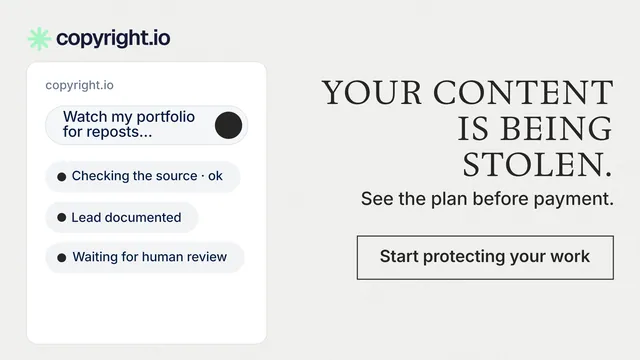 Landscape graphic for copyright.io: "Your content is being stolen." Editorial style, right layout, light palette in white.