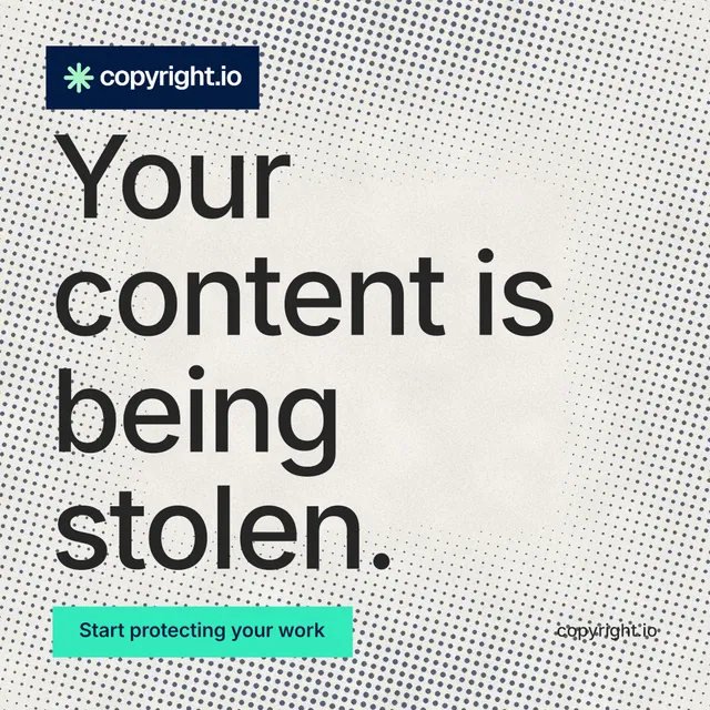 Instagram post for copyright.io: "Your content is being stolen." Swiss style, poster layout, light palette in white, grey.