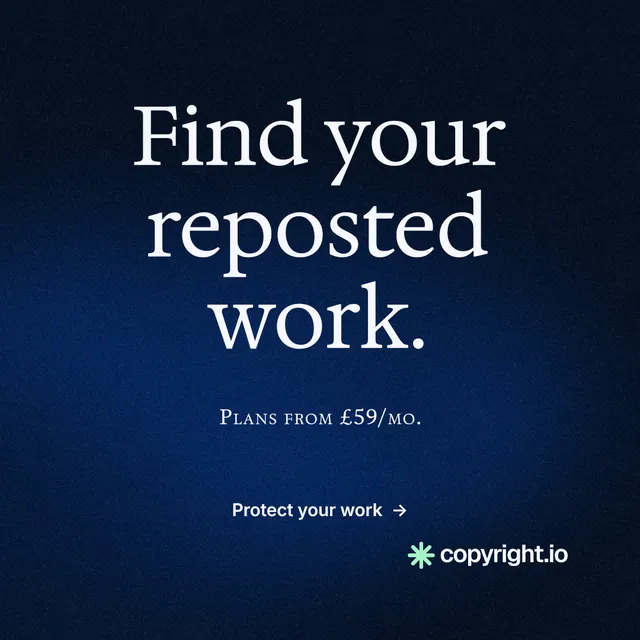 Instagram post for copyright.io: "Find your reposted work." Minimal luxury style, smallcaps layout, dark palette in blue, black.