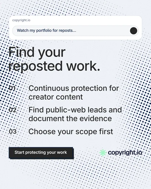 Instagram portrait post for copyright.io: "Find your reposted work." Brutalist style, numbered layout, light palette in blue, white, grey.