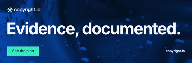 X header for copyright.io: "Evidence, documented." Swiss style, poster layout, dark palette in blue, black.