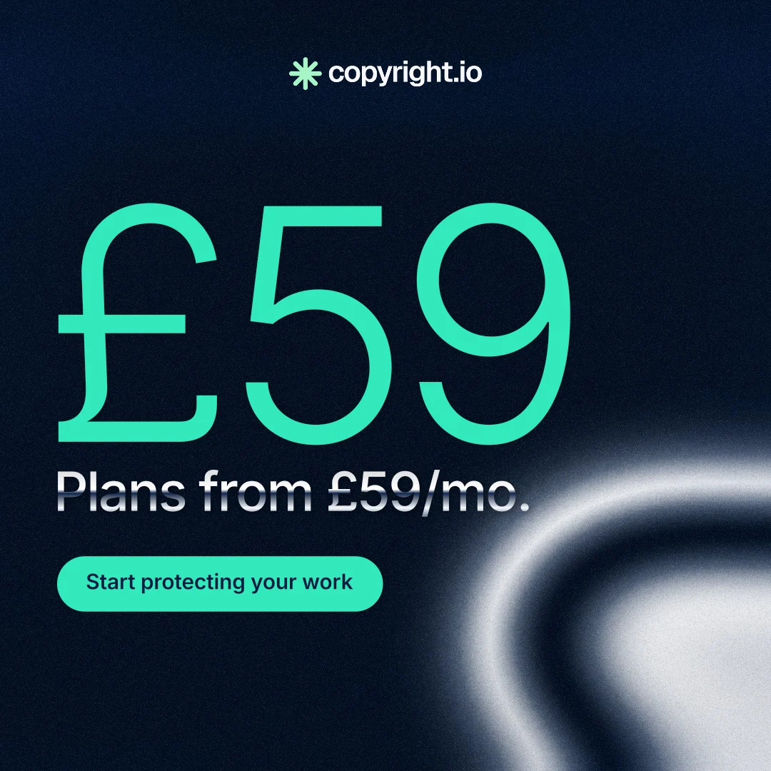Instagram post for copyright.io: "See the plan first." Y2K style, stat layout, dark palette in black, teal.