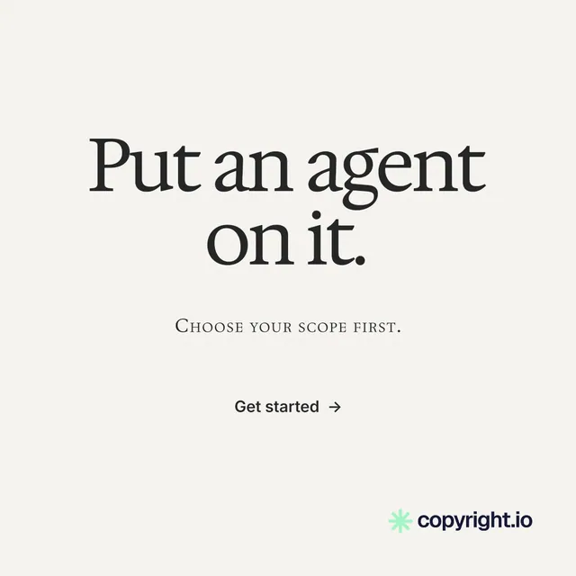 Instagram post for copyright.io: "Put an agent on it." Swiss style, smallcaps layout, light palette in white, grey.