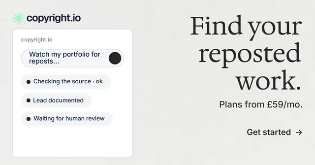 Social ad for copyright.io: "Find your reposted work." Minimal luxury style, right layout, light palette in white, grey.