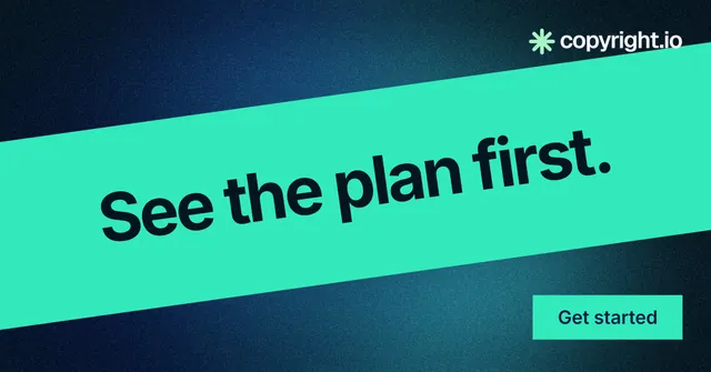 Social ad for copyright.io: "See the plan first." Swiss style, diagonal layout, light palette in teal, blue.