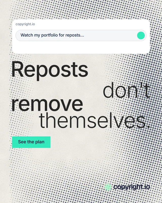 Instagram portrait post for copyright.io: "Reposts don't remove themselves." Swiss style, stacked layout, light palette in white, yellow, grey.
