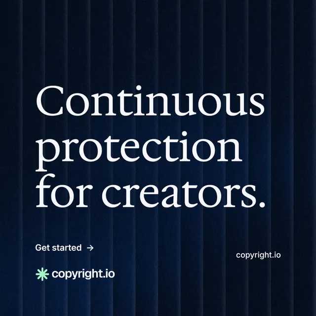 Instagram post for copyright.io: "Continuous protection for creators." Minimal luxury style, poster layout, dark palette in black, blue, grey.