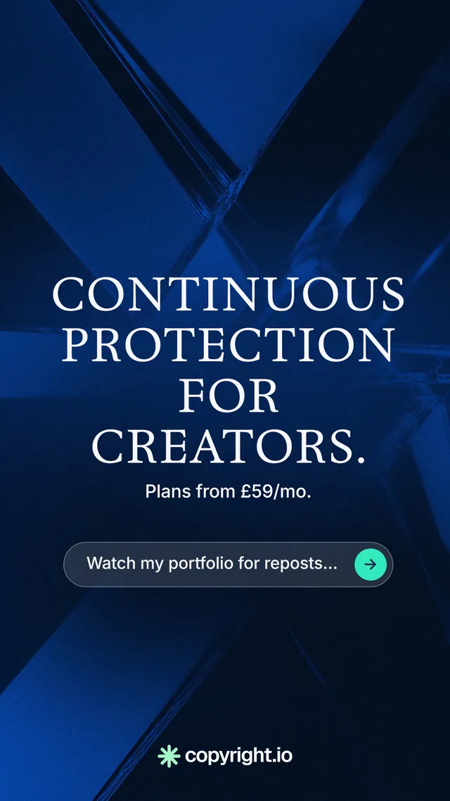 Instagram story for copyright.io: "Continuous protection for creators." Agentic glass style, skeleton layout, dark palette in black, blue.