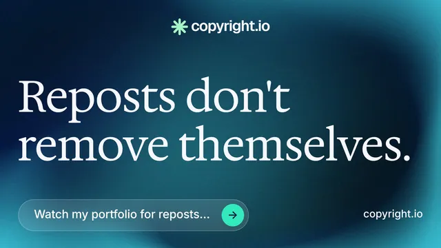 Landscape graphic for copyright.io: "Reposts don't remove themselves." Agentic glass style, poster layout, dark palette in black, blue, teal.