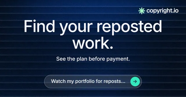 Social ad for copyright.io: "Find your reposted work." Agentic glass style, centred layout, dark palette in black, blue, grey.