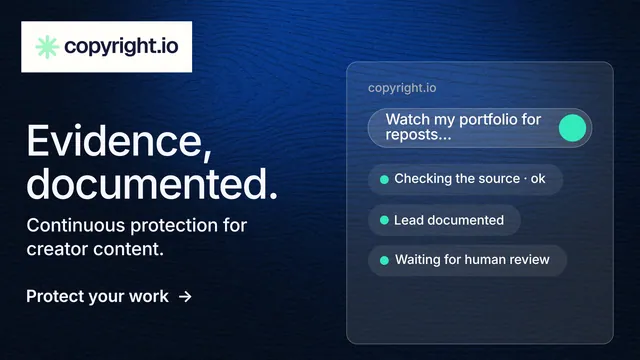 Landscape graphic for copyright.io: "Evidence, documented." Minimal luxury style, bottom layout, dark palette in black, blue, grey.