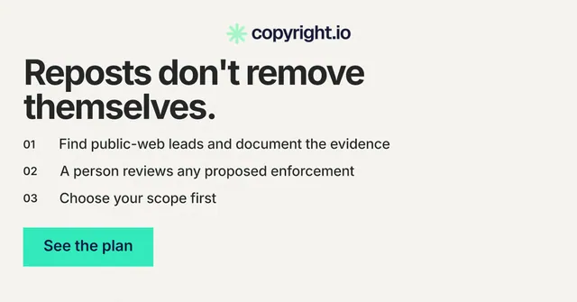 Social ad for copyright.io: "Reposts don't remove themselves." Swiss style, numbered layout, light palette in white, grey.