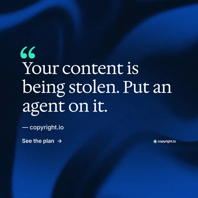 Instagram post for copyright.io: "Reposts don't remove themselves." Minimal luxury style, quote layout, dark palette in black, blue.