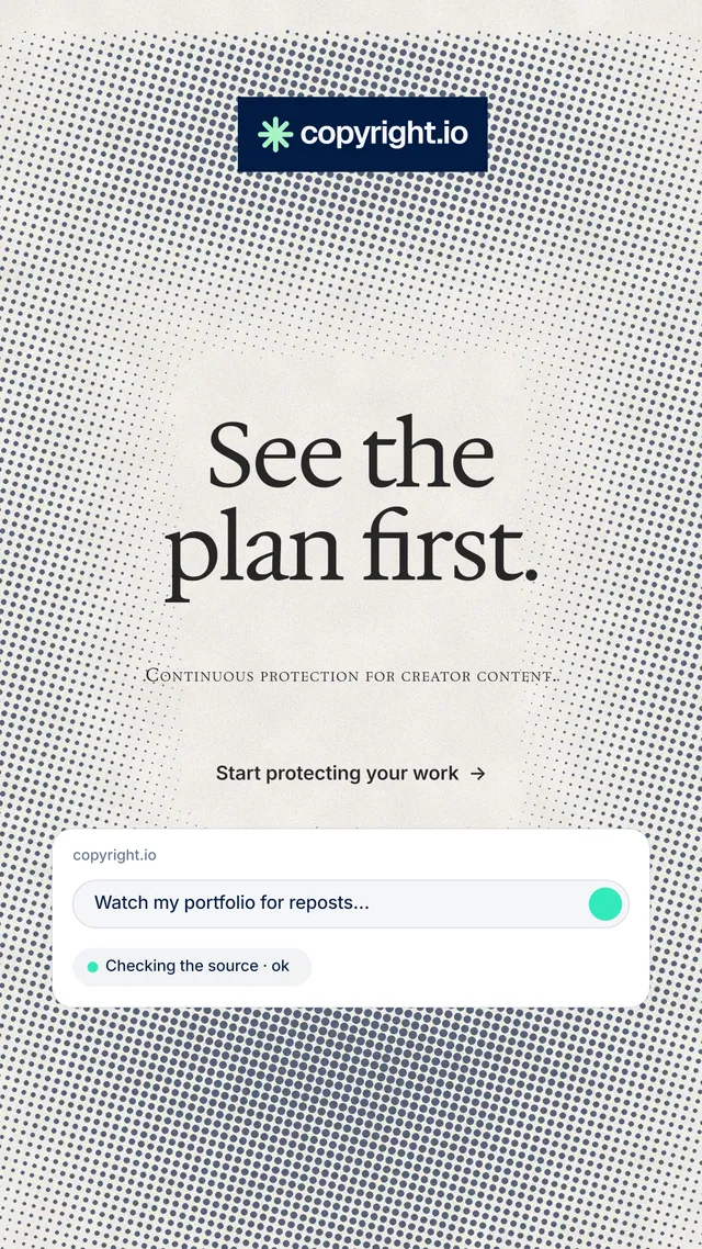 Instagram story for copyright.io: "See the plan first." Swiss style, smallcaps layout, light palette in grey, orange, white.