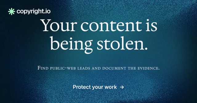 Social ad for copyright.io: "Your content is being stolen." Minimal luxury style, smallcaps layout, dark palette in black, blue.