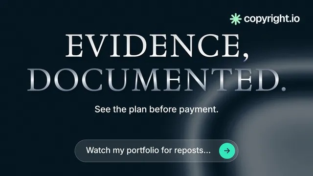 Landscape graphic for copyright.io: "Evidence, documented." Agentic glass style, centred layout, dark palette in black, grey, blue.