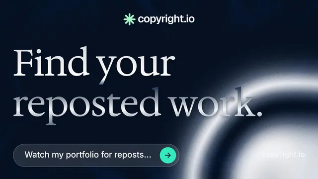 Landscape graphic for copyright.io: "Find your reposted work." Agentic glass style, poster layout, dark palette in black, blue, grey.