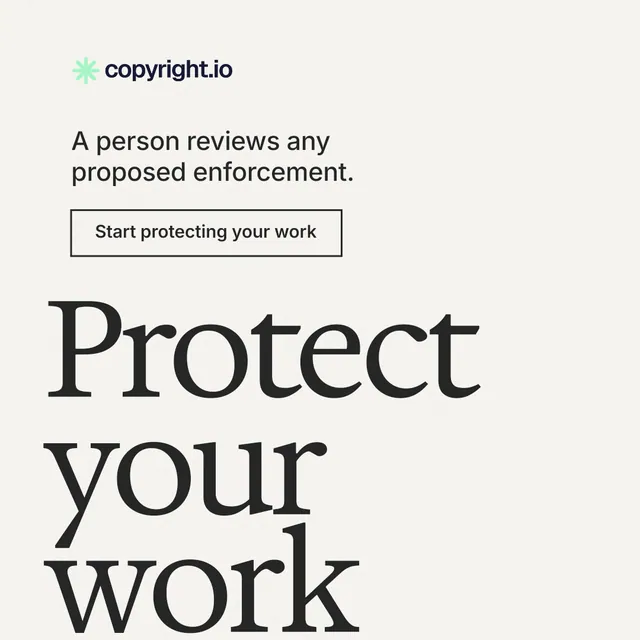 Instagram post for copyright.io: "Put an agent on it." Editorial style, oversized layout, light palette in white, grey, green.