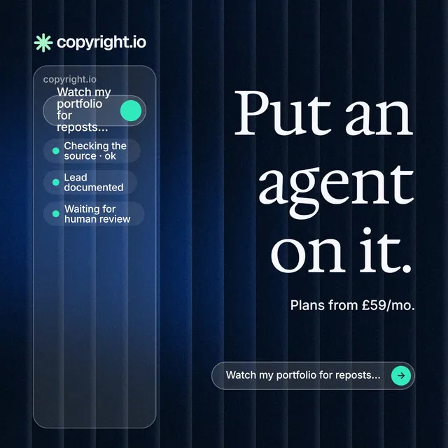 Instagram post for copyright.io: "Put an agent on it." Agentic glass style, right layout, dark palette in blue, black.
