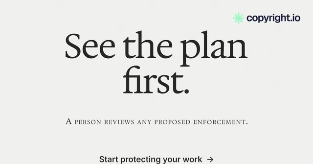 Social ad for copyright.io: "See the plan first." Minimal luxury style, smallcaps layout, light palette in white, grey.