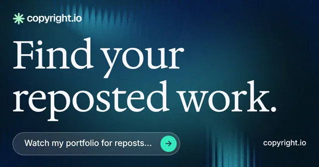 Social ad for copyright.io: "Find your reposted work." Agentic glass style, poster layout, dark palette in blue, black.