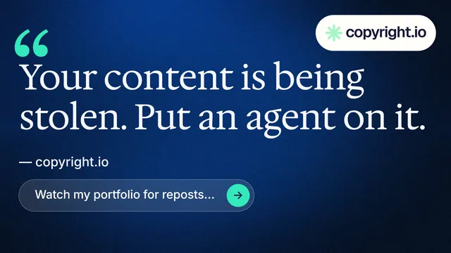 Landscape graphic for copyright.io: "See the plan first." Agentic glass style, quote layout, dark palette in blue, black.