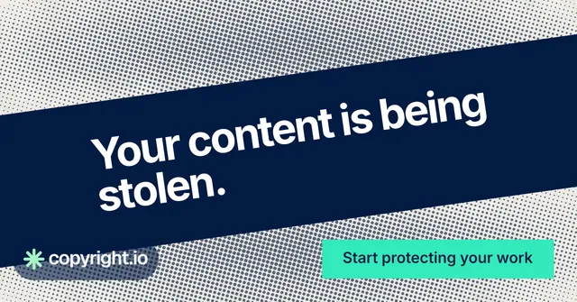 Social ad for copyright.io: "Your content is being stolen." Swiss style, diagonal layout, light palette in blue, grey, teal.